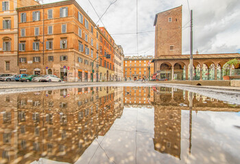 
Rome, Italy - in Winter time, frequent rain showers create pools in which the wonderful Old Town Rome reflects like in a mirror. Here in particular the mirror effect 