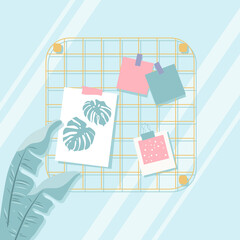 vector hand drawn illustration - mood board with polaroid shot, color cards and pattern with monstera leaves. trending flat illustration for websites, magazines and apps