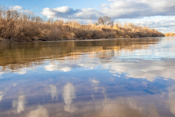 autumn landscape, river, sky, reflection in water