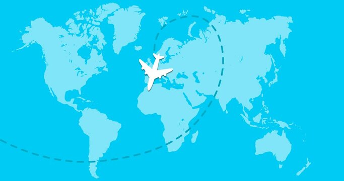 2d flat animation with white airplane flying on the world map background and leaving a dashed line trace in heart form. Romantic and love travel concept