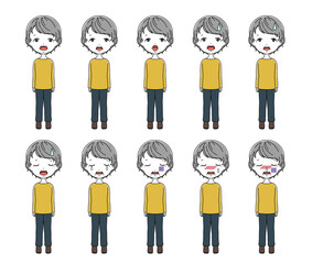 Naklejka premium 困ったり泣いたり風邪をひいているおばあちゃんの全身イラストセット