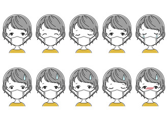 マスクをつけた笑ったり困ったりしているおばあちゃんの顔のイラストセット