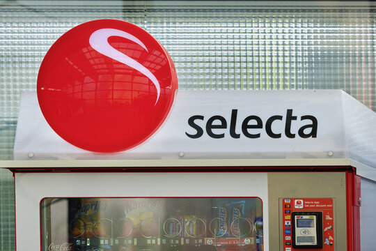 08 February 2021: Selecta vending machines for snacks in the Eaux vives station in Geneva, Switzerland