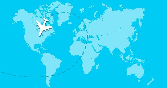 2d flat animation with white airplane flying on the world map background and leaving a dashed line trace. Plane route. World travel, vacation concept