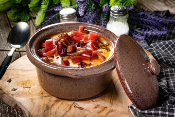 Traditional Ukrainian borscht with cream.