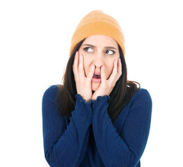 Bored girl feeling sleepy and reluctant stare apathy, boring concept, isolated on white background