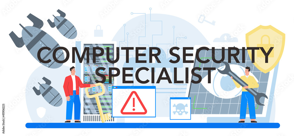 Poster computer security specialist typographic header. idea of digital data protection