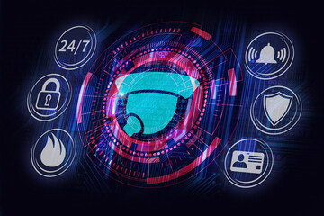 CCTV security, video surveillance system around the clock concept in dark red blue style, 3D illustration