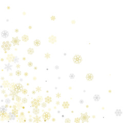 Gold snowflakes frame on white background. New year theme. Stylish shiny Christmas frame for holiday banner, card, sales, special offers. Falling snow with gold snowflakes and glitter for party invite