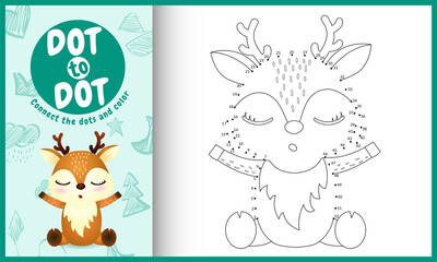 Connect the dots kids game and coloring page with a cute deer character illustration