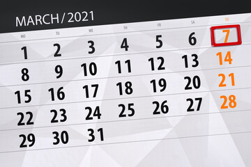 Obraz premium Calendar planner for the month march 2021, deadline day, 7, sunday.