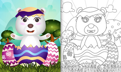 coloring book for kids themed happy easter day with character illustration of a cute polar bear in the egg
