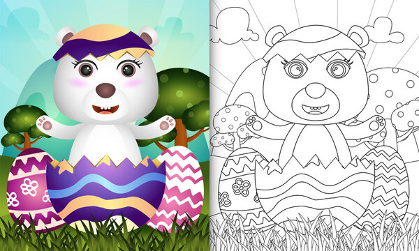 coloring book for kids themed happy easter day with character illustration of a cute polar bear in the egg