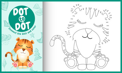 Connect the dots kids game and coloring page with a cute tiger character illustration