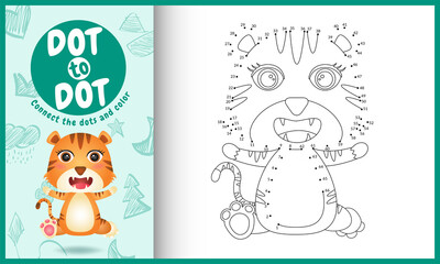 Connect the dots kids game and coloring page with a cute tiger character illustration