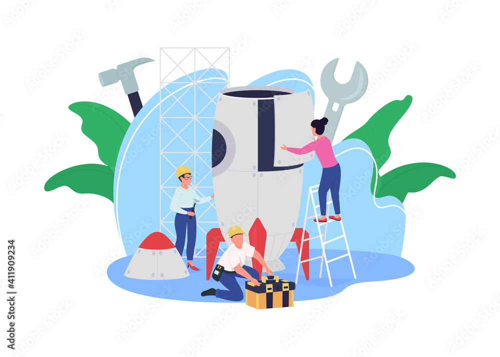 Aufkleber rocket building facility flat color vector illustration. spaceship creation team of smart genius peo