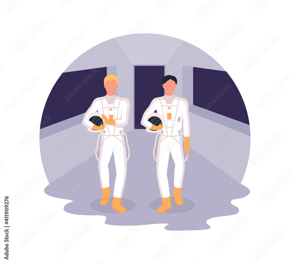 Poster astronauts heading to spaceship 2d vector web banner, poster. starting of space exploration mission 