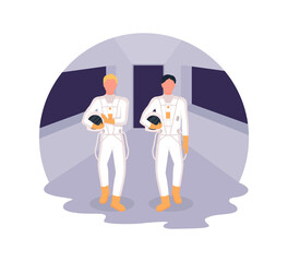 Astronauts heading to spaceship 2D vector web banner, poster. Starting of space exploration mission flat characters on cartoon background. Science processes printable patch, colorful web element