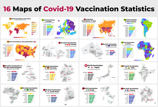 Covid-19 vaccine infographic. Coronavirus vaccination in Europe, North and South America, Asia, Australia, Africa. USA, Canada, Germany, France, Italy, India vector maps. 2019-ncov presentation. 