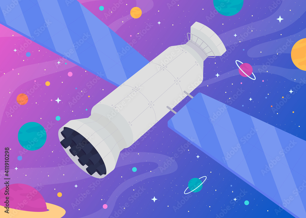 Poster rocket in open space flat color vector illustration. discovering different planets on special built 