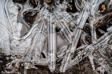 ice crust texture, formed ice on the water surface, with light frost, winter or spring background