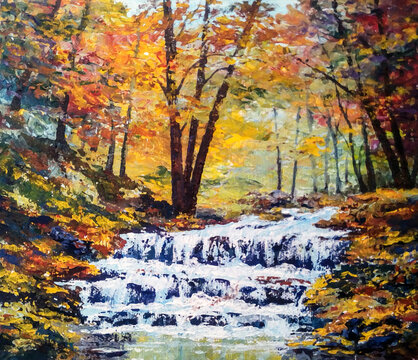 The stream flows through a dense picturesque forest. Illustration. Acrylic on canvas