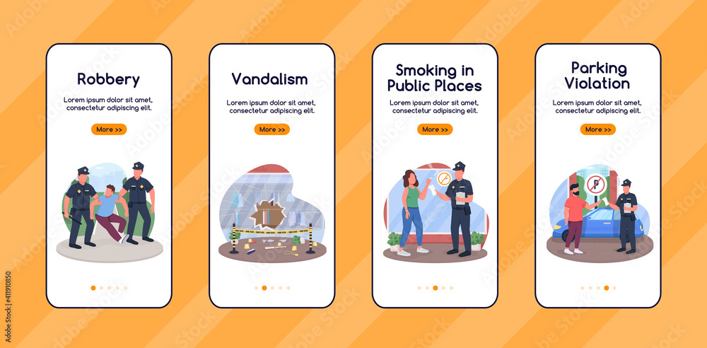 Poster breaking law onboarding mobile app screen flat vector template. types of crime. walkthrough website 