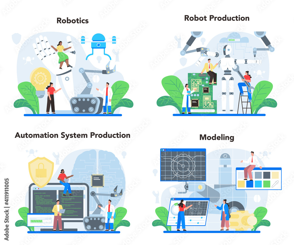 Poster roboticist concept set. robotic engineering and constructing. idea of artificial