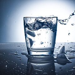 Water splash in glass with ice cubes.