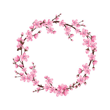 Cherry blossom wreath. Pink cute sakura flowers 