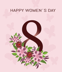 womens day flowers and 8 March typography letter on pink background