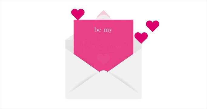 Be my Valentine english card calligraphy with animated envelope and hearts. On white background for Valentines day concept. Declaration of love. The 14th of February.