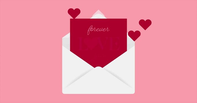 Forever LOVE you english card calligraphy with animated envelope and hearts. On pink background for Valentines day concept. Declaration of love. The 14th of February.