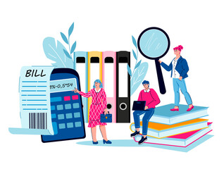 Business accounting and financial audit services concept with tiny people. Money management report, spend and income-expenditure analysis banner template, cartoon vector illustration.