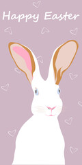 Happy Easter banner with bunny, hearts on purple background