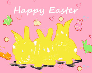 Happy Easter banner with bunnies, hearts, feathers on pink background