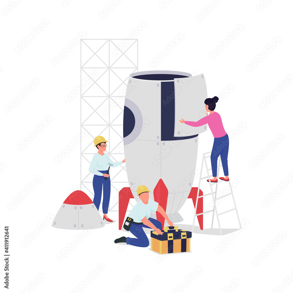 Poster engineers creating spaceship flat color vector faceless character. rocket creating process. preparin