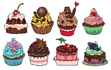 Set of 17 drawings of pastry, bakery and cookies. Collection of vector stock food illustrations, isolated on white background, for custom design and print.