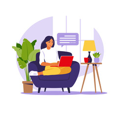 Woman sitting with laptop on armchair. Concept illustration for working, studying, education, work from home. Flat. Vector illustration.