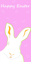 Happy Easter banner with bunny, hearts on pink background
