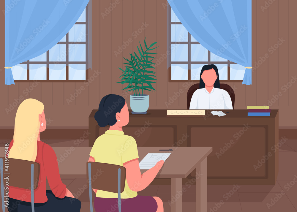 Aufkleber courthouse flat color vector illustration. giving information to judge. lawyer talking with judge ab