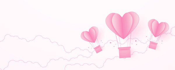 Fototapeta na wymiar Valentine's day, love concept background, paper pink heart shaped hot air balloons floating in the sky with cloud, blank space, paper art style