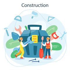 House building concept. Workers constructing home with tools