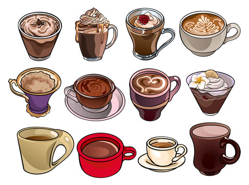 Set of images of 12 sweet drinks: tea, coffee, hot chocolate, cocoa. Collection of vector stock food illustrations, isolated on white background, for custom design and print.