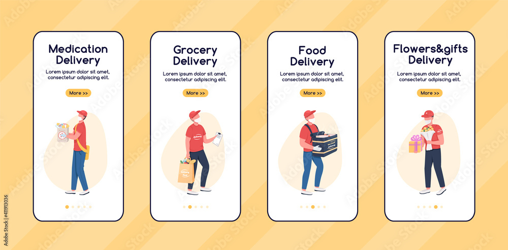 Poster courier service workers onboarding mobile app screen flat vector template. pandemic services. walkth
