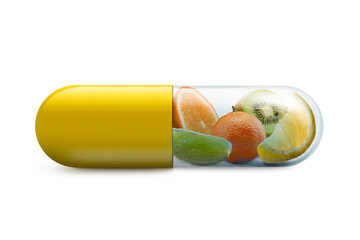 vitamin c pill with citrus fruits inside on with background
