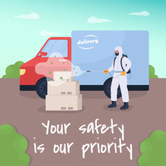 Safe delivery social media post mockup. Your safety is our priority phrase. Web banner design template. Pandemic booster, content layout with inscription. Poster, print ads and flat illustration