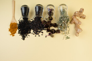 Immunity booster concept. Dried berries and herbs for enhanced health. Turmeric, elderberry,...