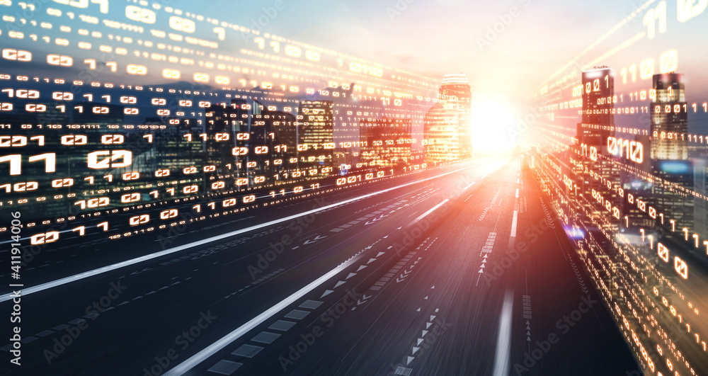 Poster digital data flow on road with motion blur to create vision of fast speed transfer . concept of futu