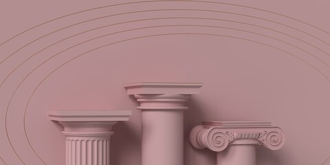 Podium  for product presentation made of classic columns on pink background. Scene platform showcase, product, sale, banner, cosmetics. 3D rendering